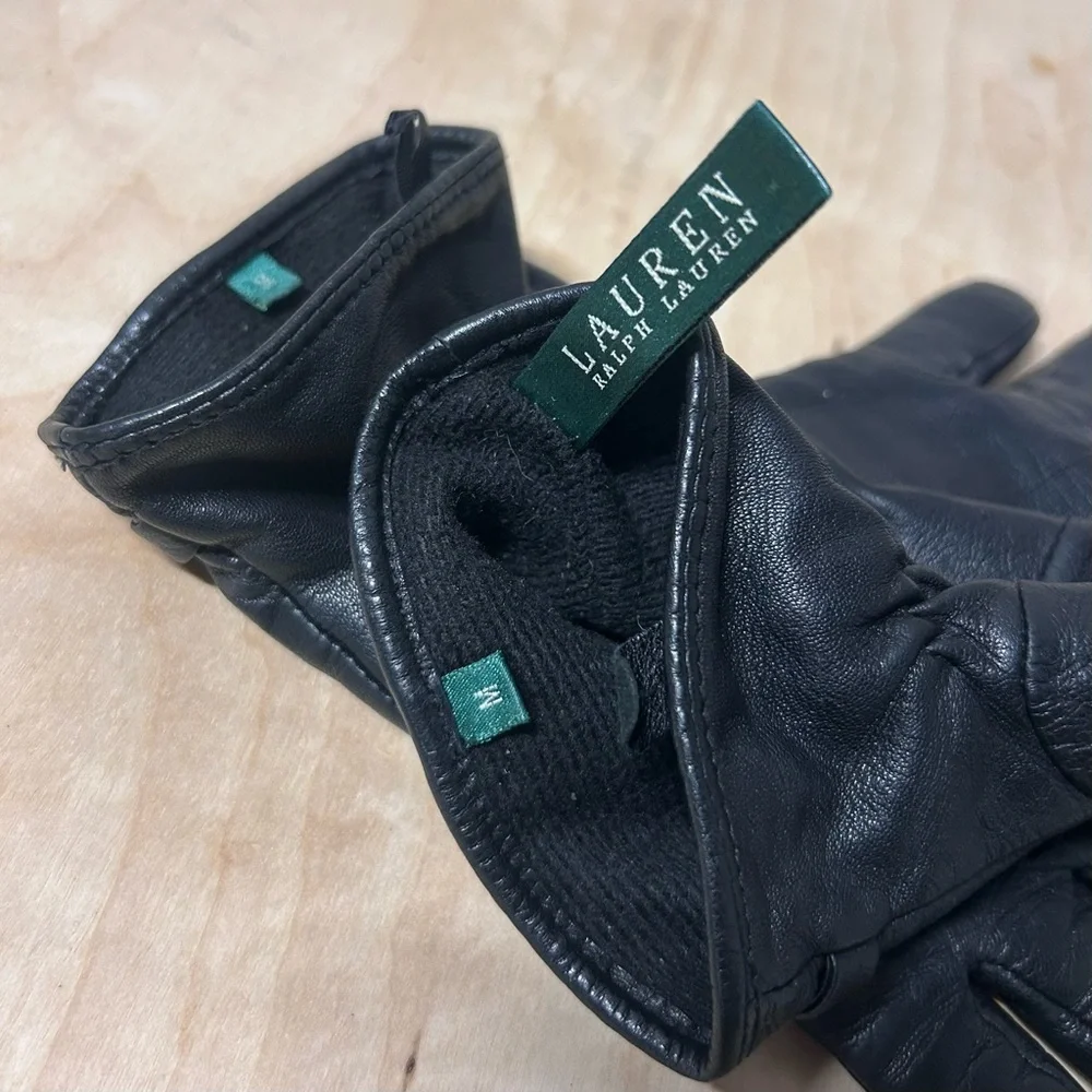 Lauren Ralph Lauren Bridle-Belt Black Leather Gloves with Gold Accents EUC Sz M